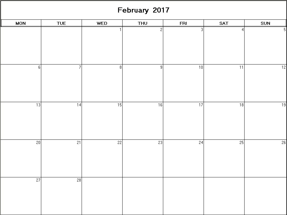 printable blank calendar image for February 2017