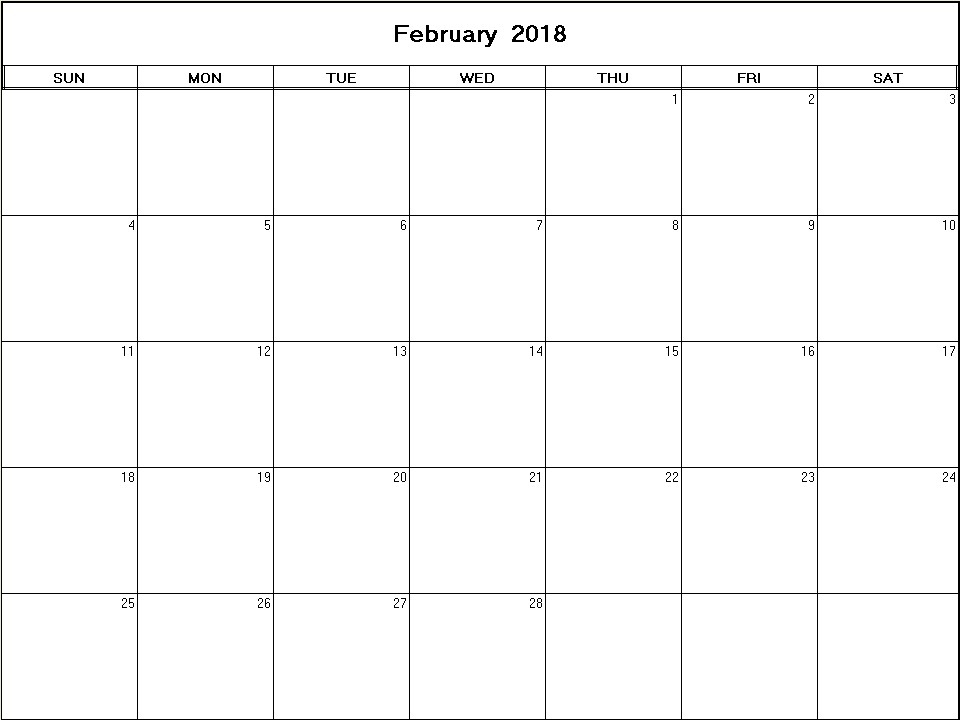 printable blank calendar image for February 2018