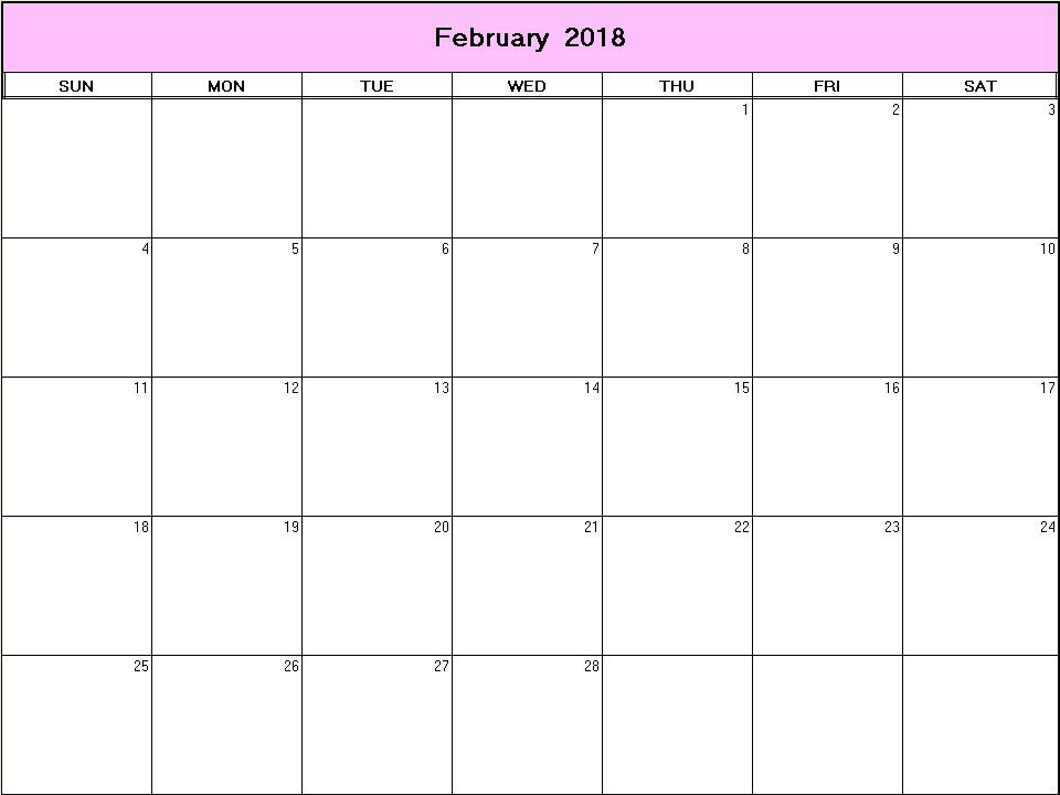 printable blank calendar image for February 2018