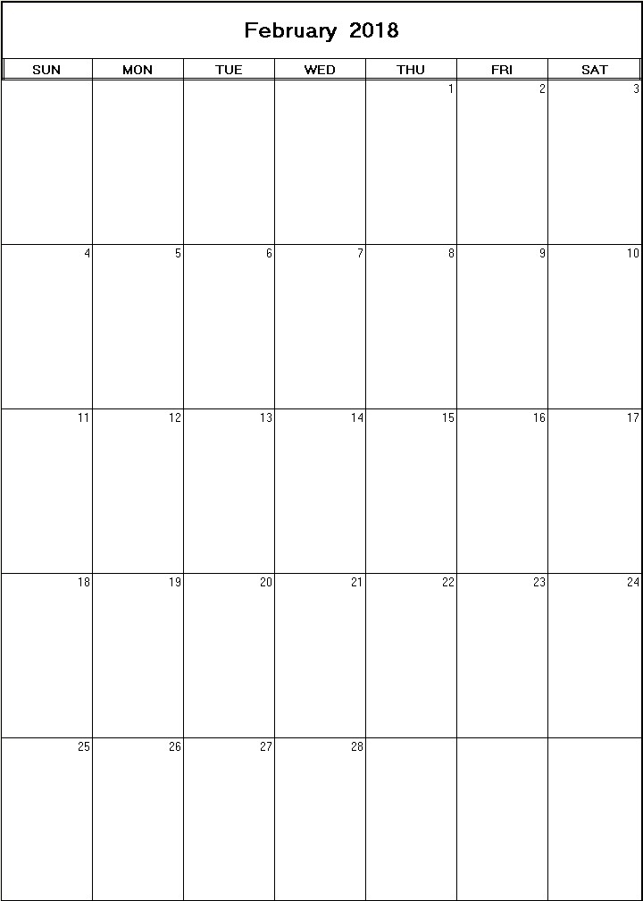printable blank calendar image for February 2018