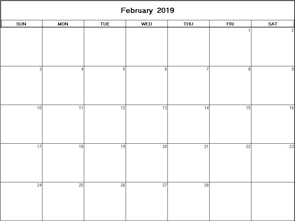 printable blank calendar image for February 2019