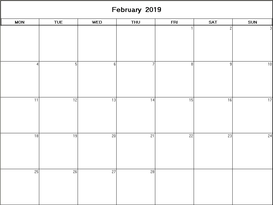 printable blank calendar image for February 2019