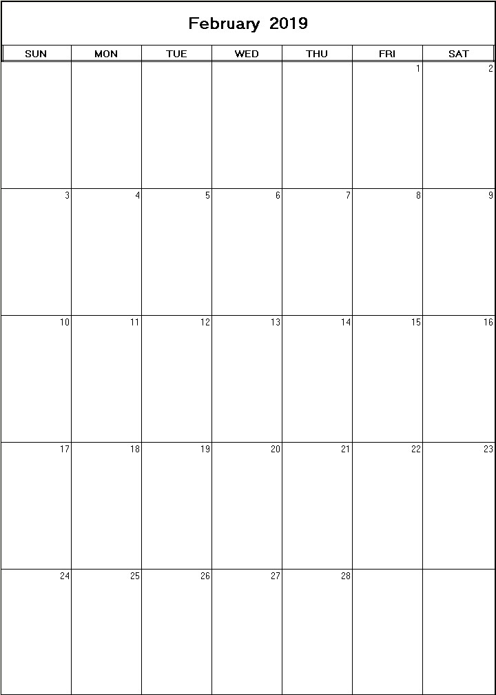 printable blank calendar image for February 2019