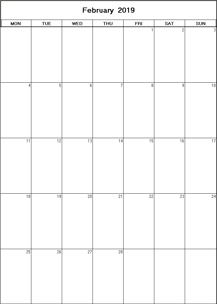 printable blank calendar image for February 2019
