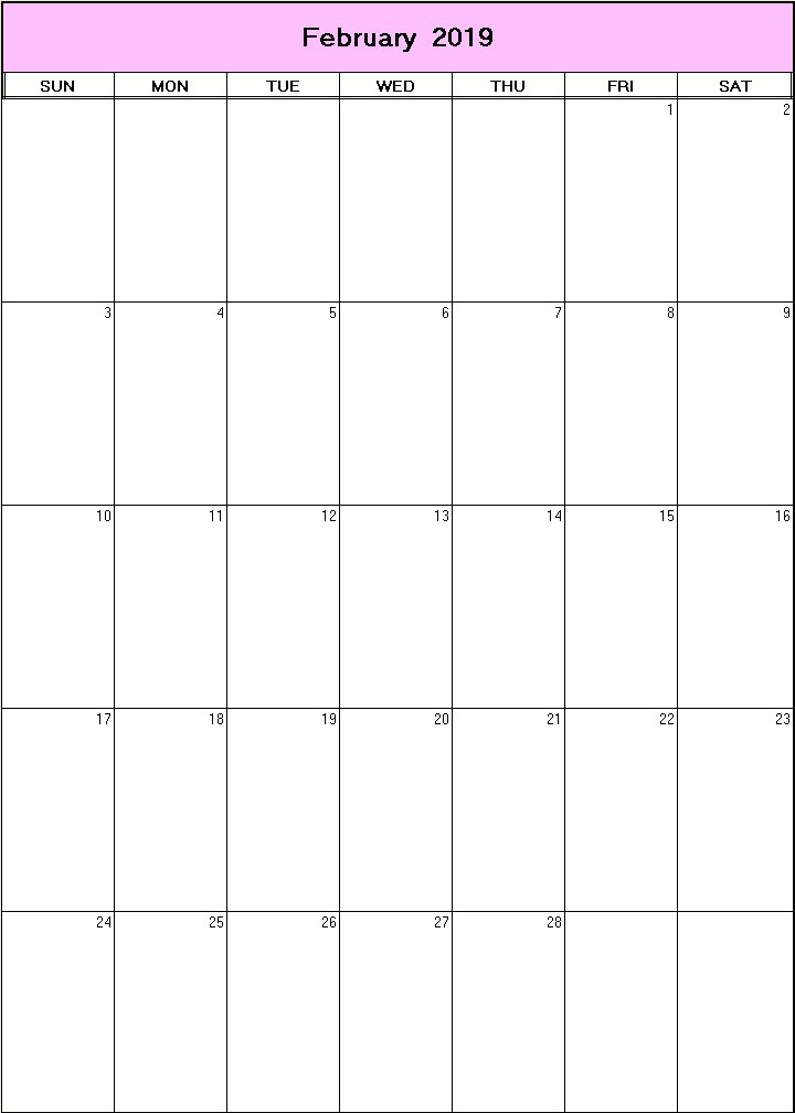 printable blank calendar image for February 2019
