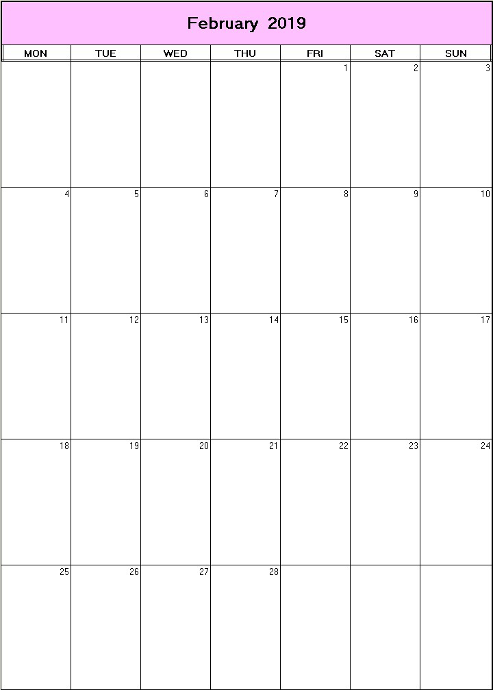 printable blank calendar image for February 2019