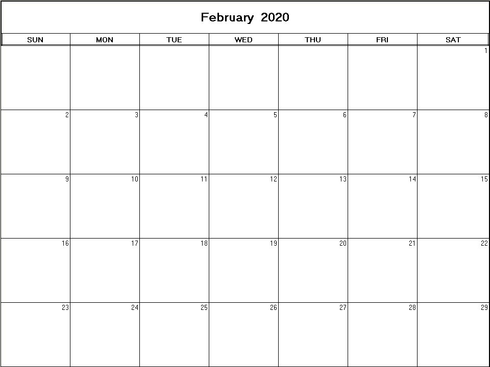 printable blank calendar image for February 2020