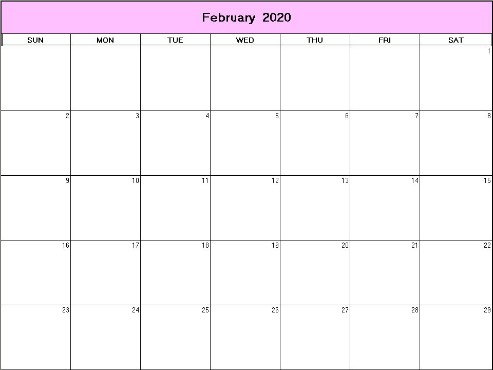 printable blank calendar image for February 2020