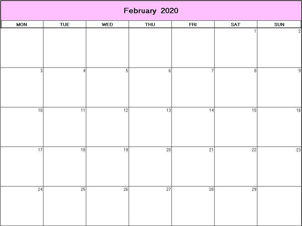 printable blank calendar image for February 2020