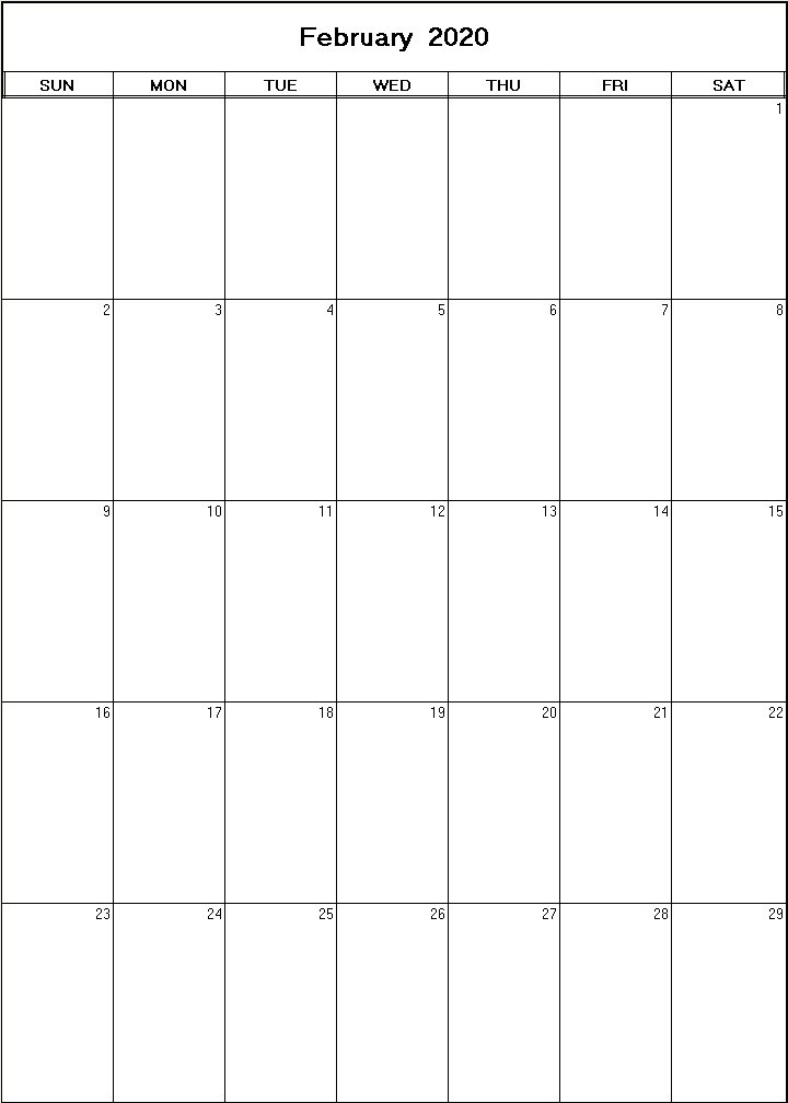 printable blank calendar image for February 2020