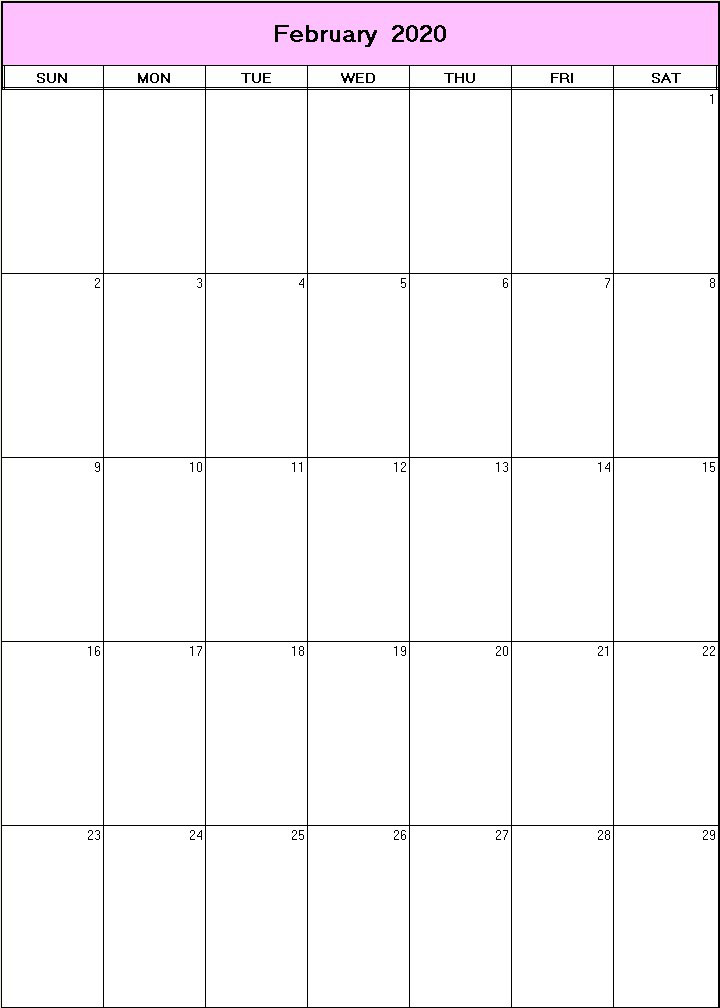 printable blank calendar image for February 2020
