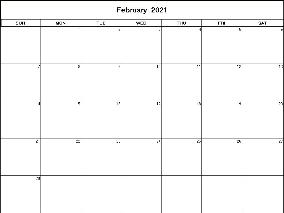 printable blank calendar image for February 2021