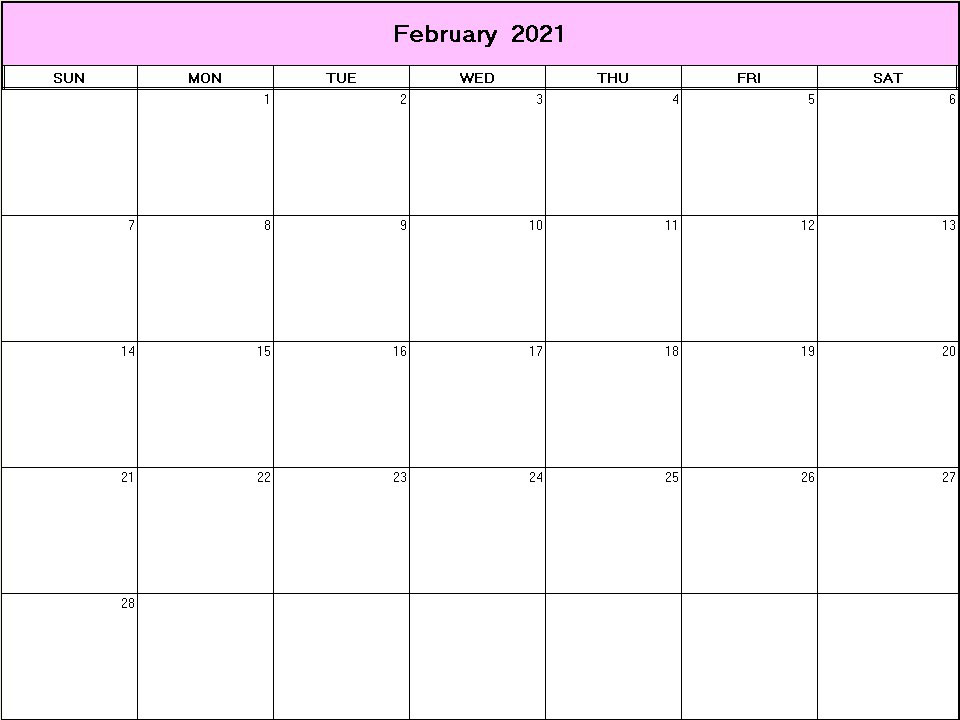 printable blank calendar image for February 2021