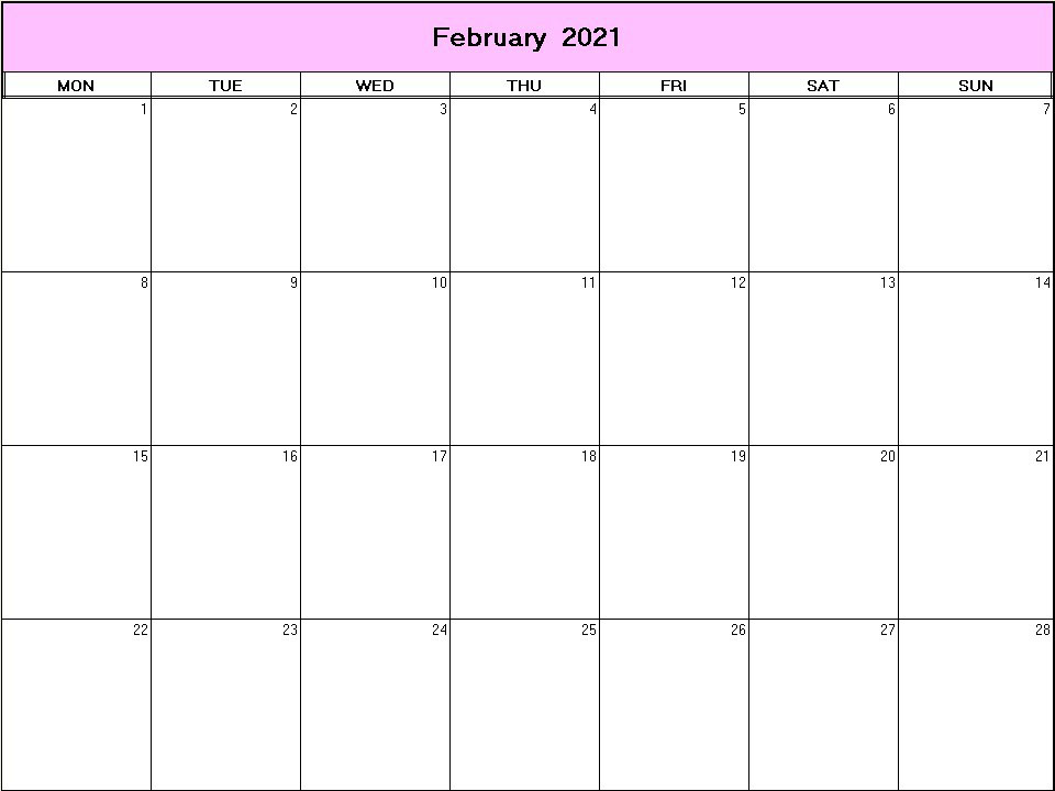 printable blank calendar image for February 2021