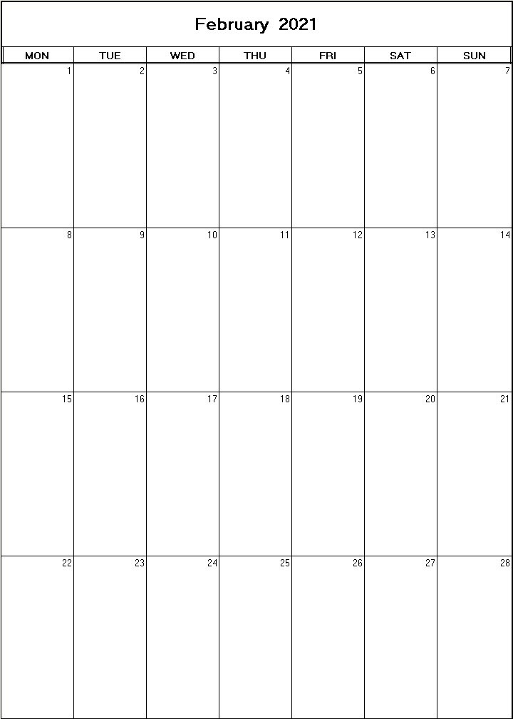 printable blank calendar image for February 2021