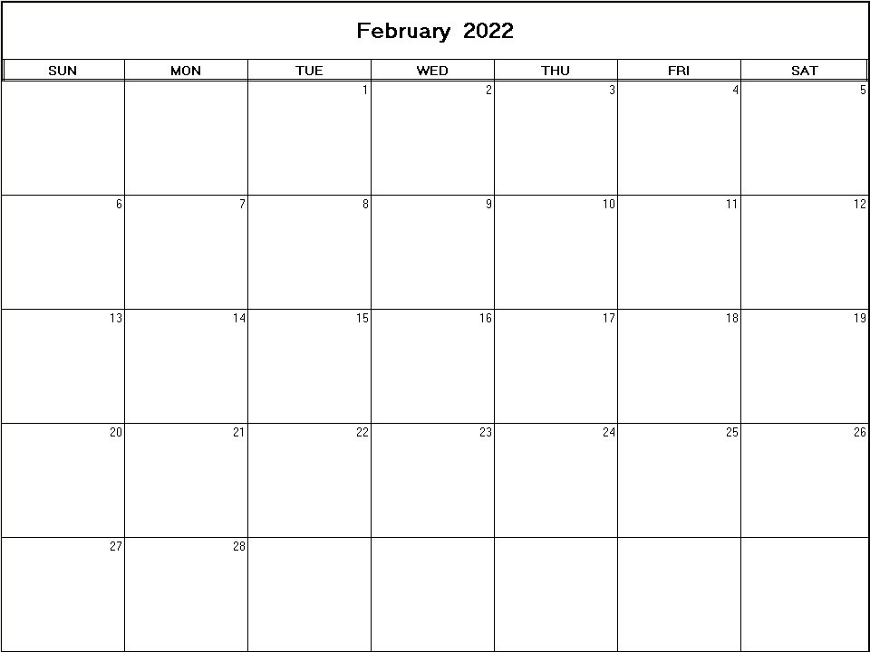 printable blank calendar image for February 2022