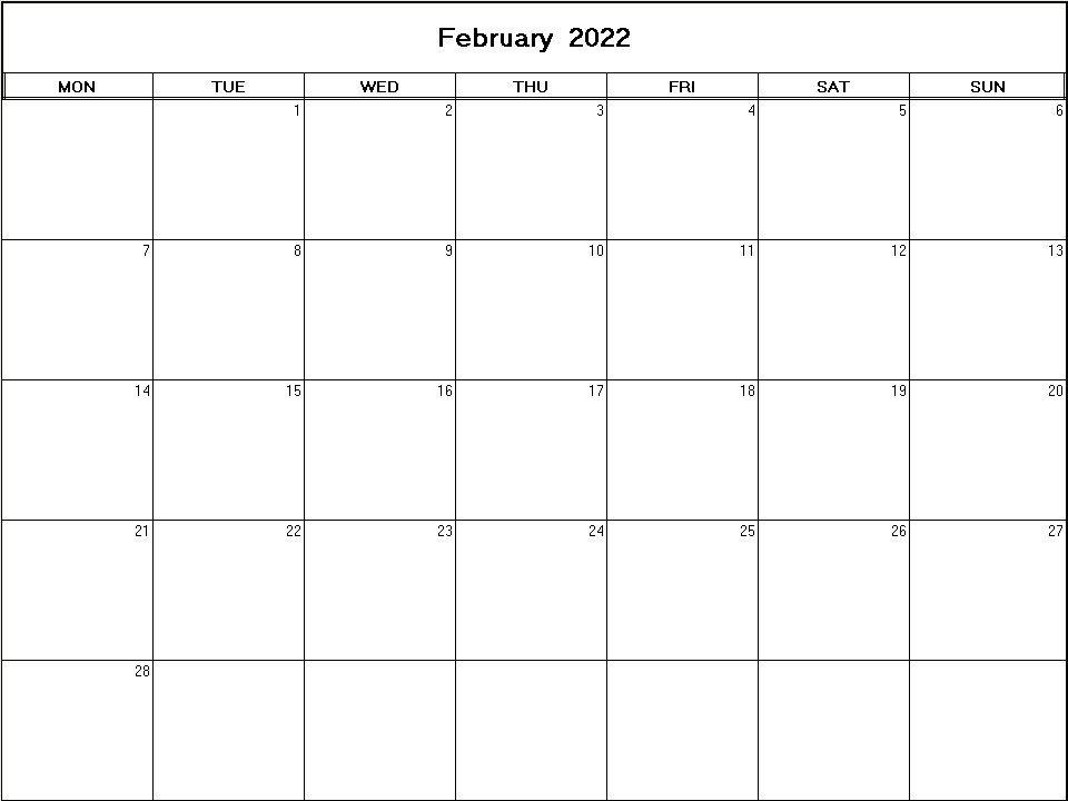 printable blank calendar image for February 2022