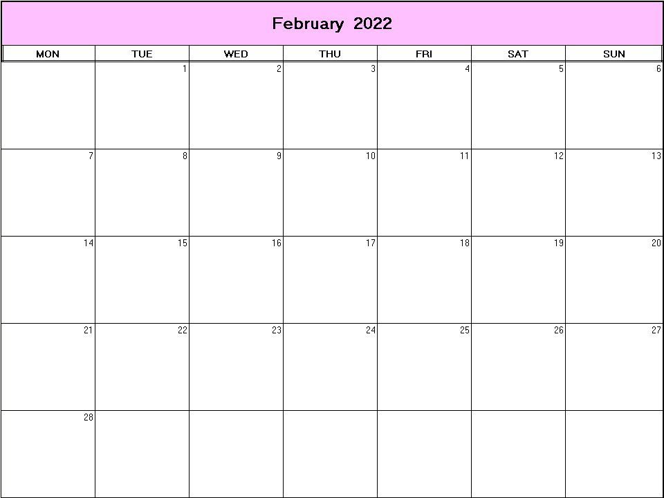 printable blank calendar image for February 2022