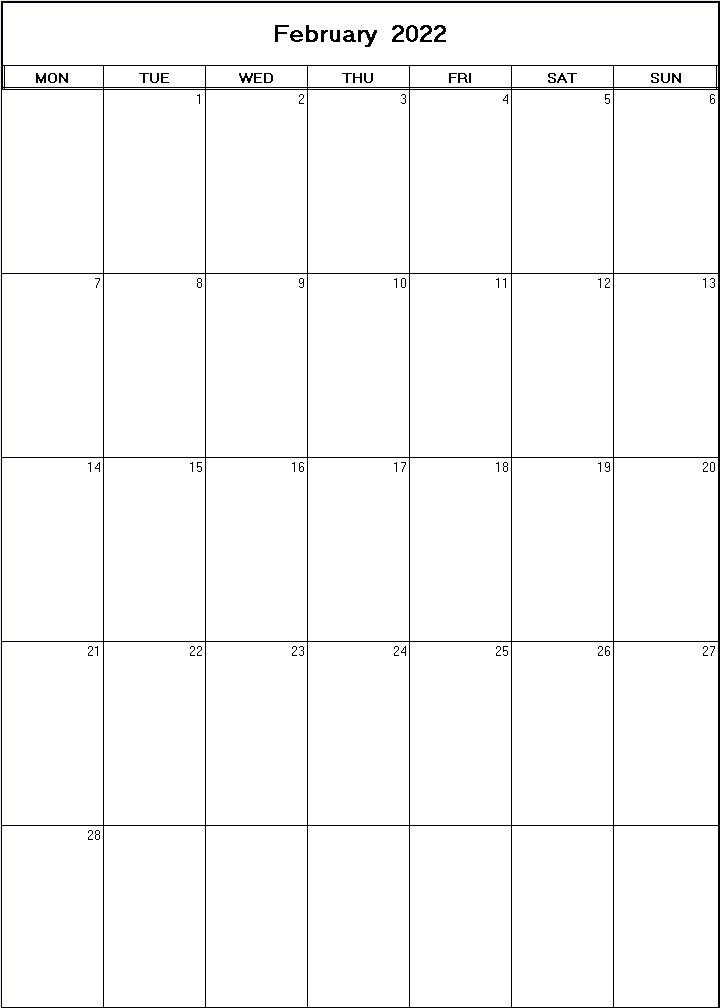 printable blank calendar image for February 2022