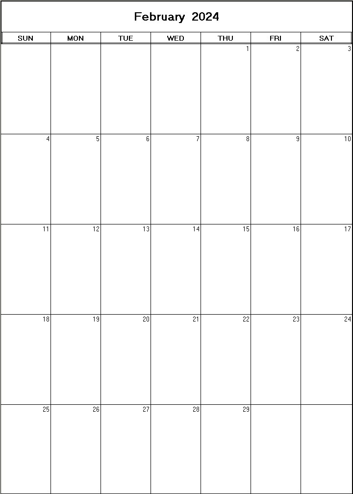 printable blank calendar image for February 2024