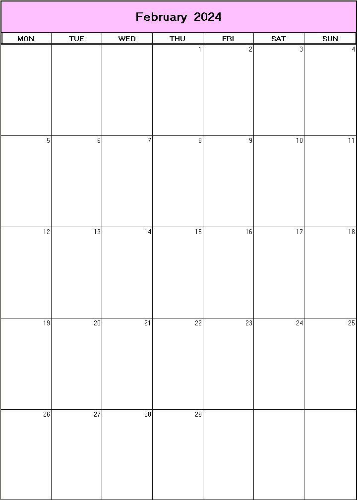 printable blank calendar image for February 2024