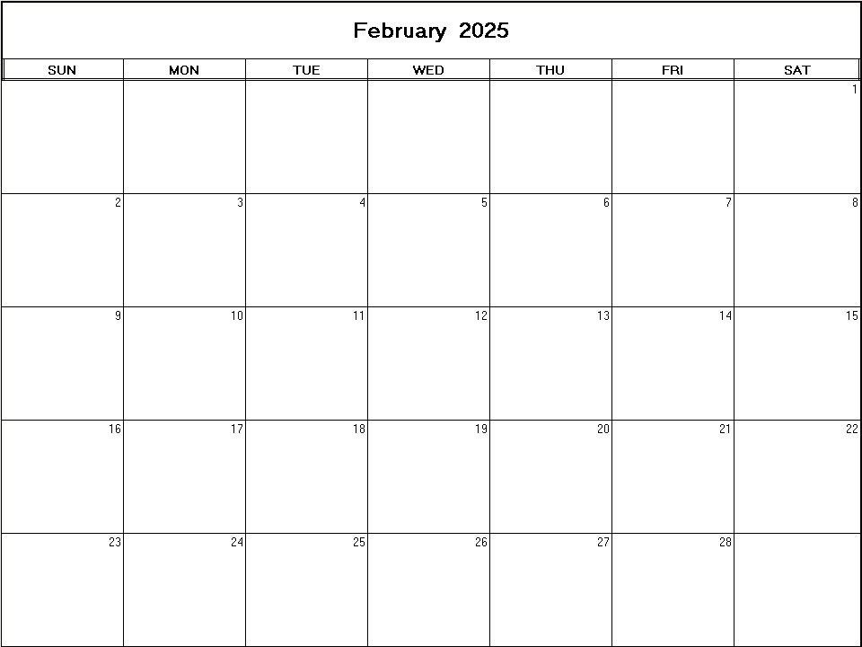 printable blank calendar image for February 2025