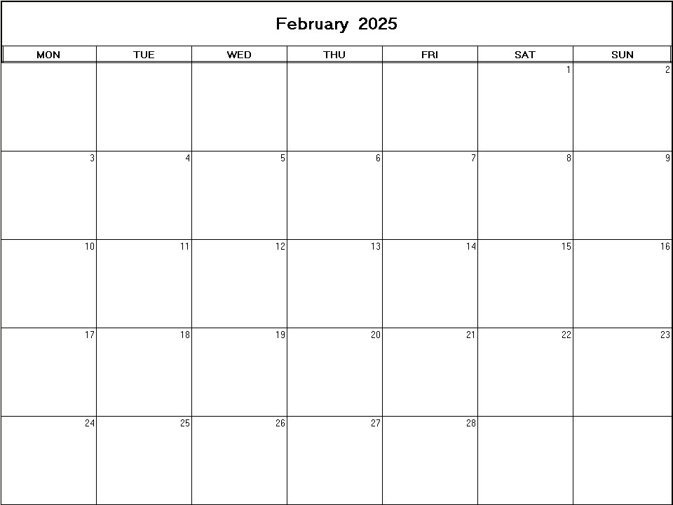 printable blank calendar image for February 2025