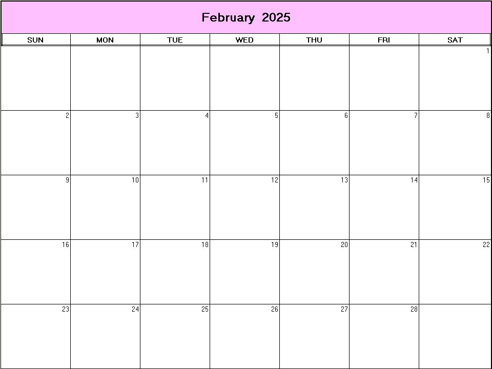 printable blank calendar image for February 2025