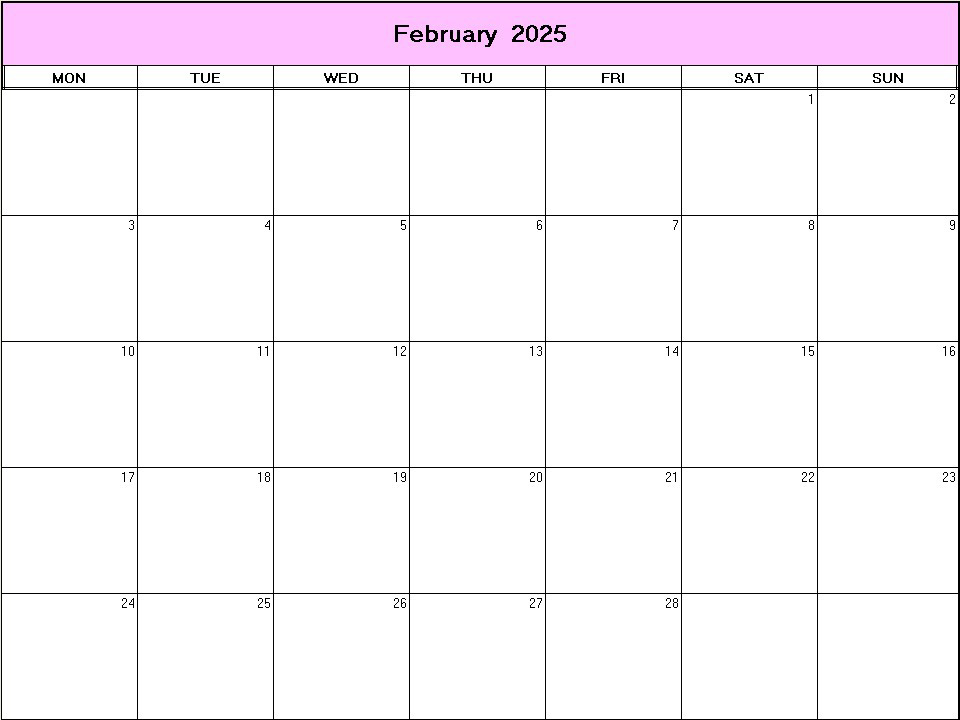 printable blank calendar image for February 2025