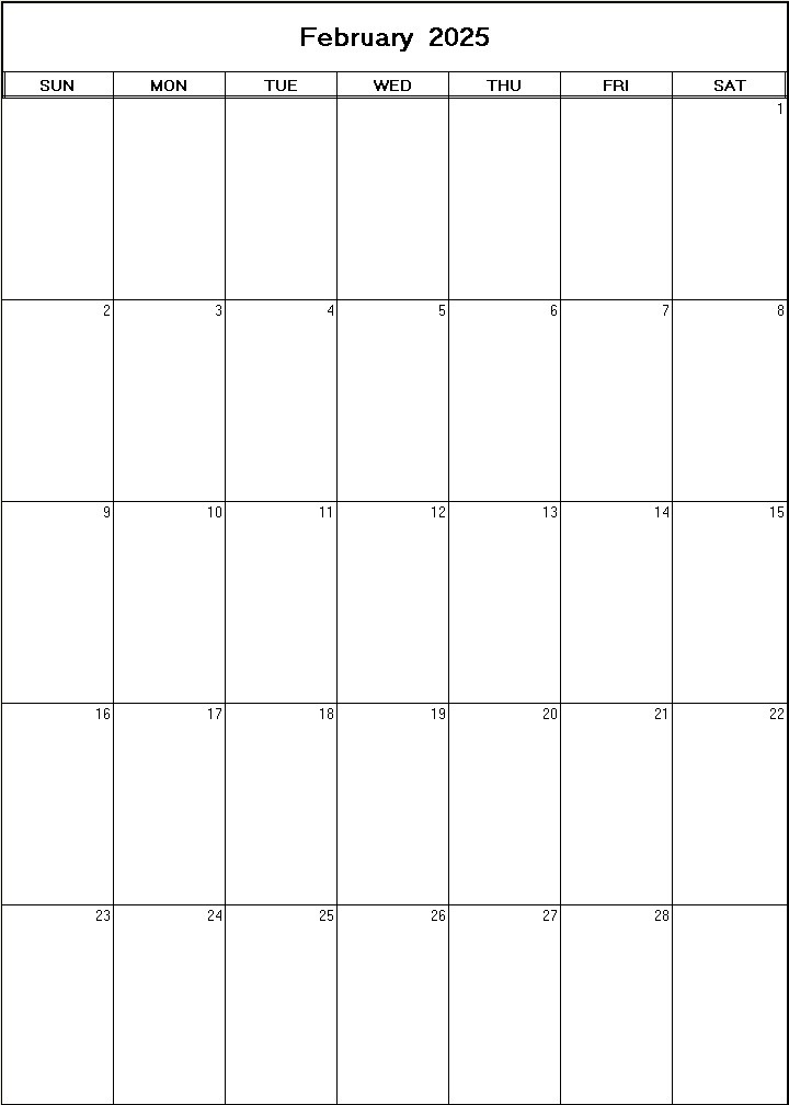 printable blank calendar image for February 2025