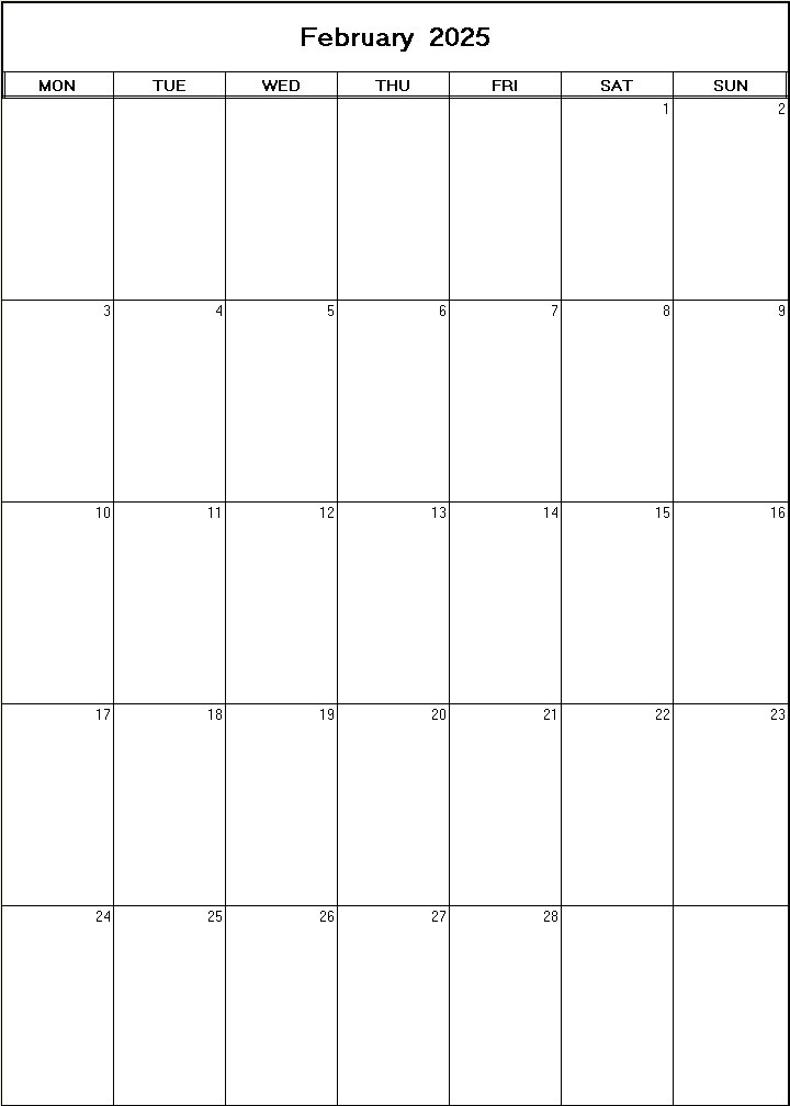 printable blank calendar image for February 2025