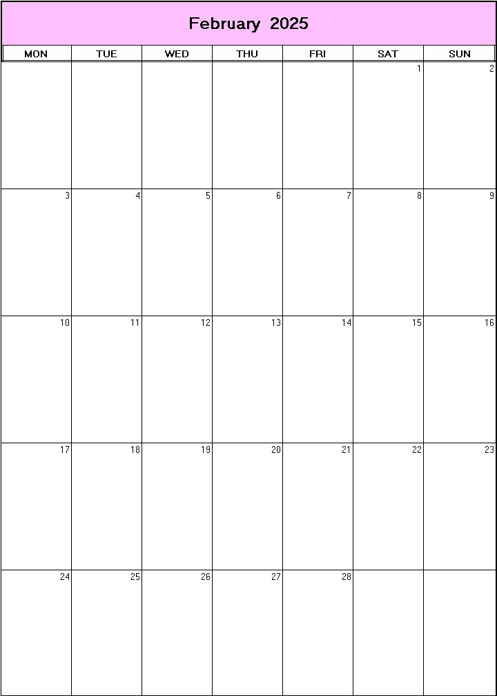 printable blank calendar image for February 2025