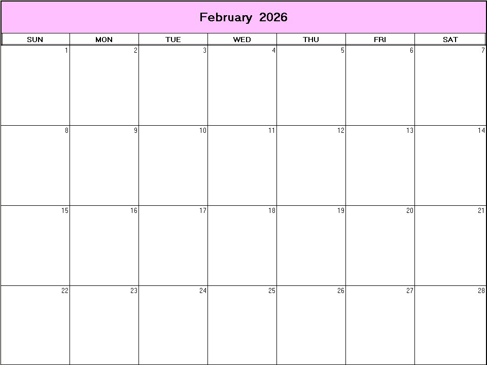 printable blank calendar image for February 2026