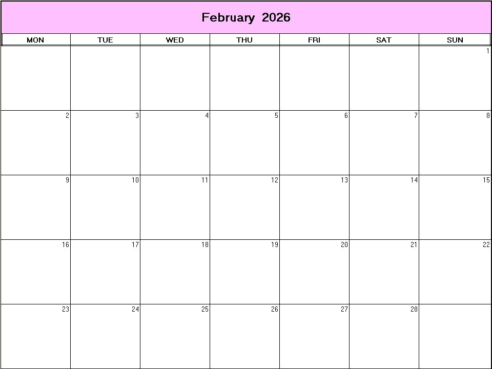 printable blank calendar image for February 2026