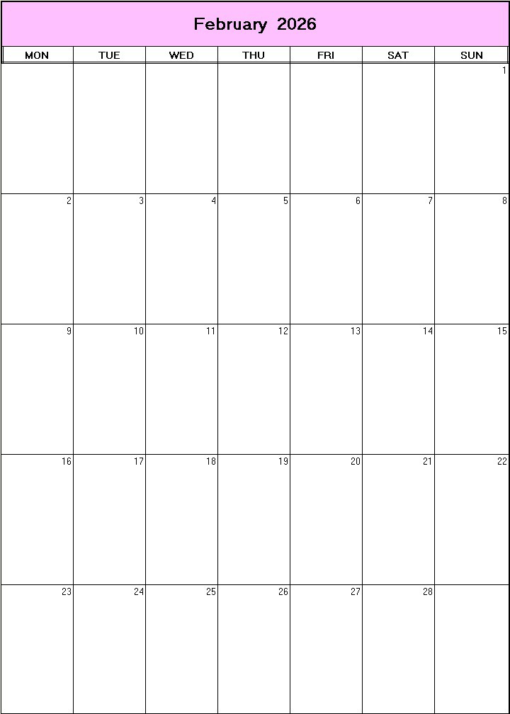 printable blank calendar image for February 2026