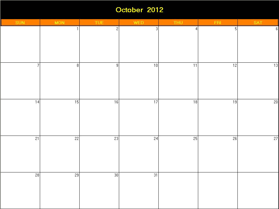 printable blank calendar image for Halloween 2012