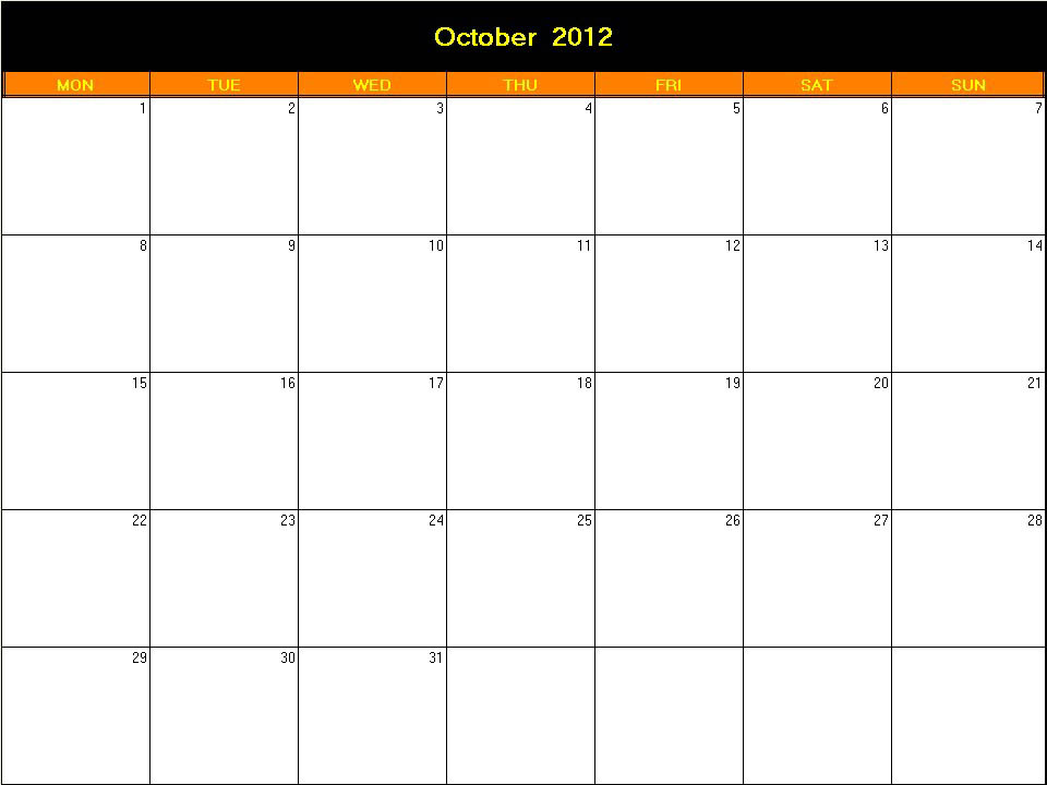printable blank calendar image for Halloween 2012