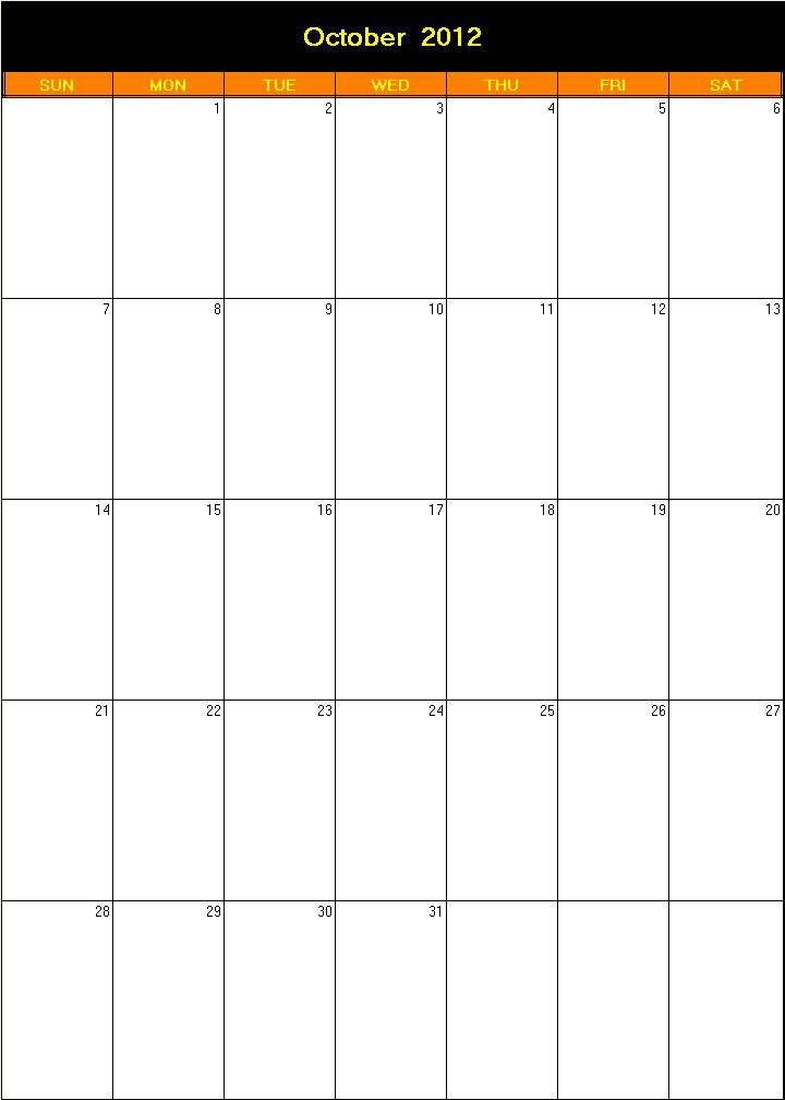 printable blank calendar image for Halloween 2012