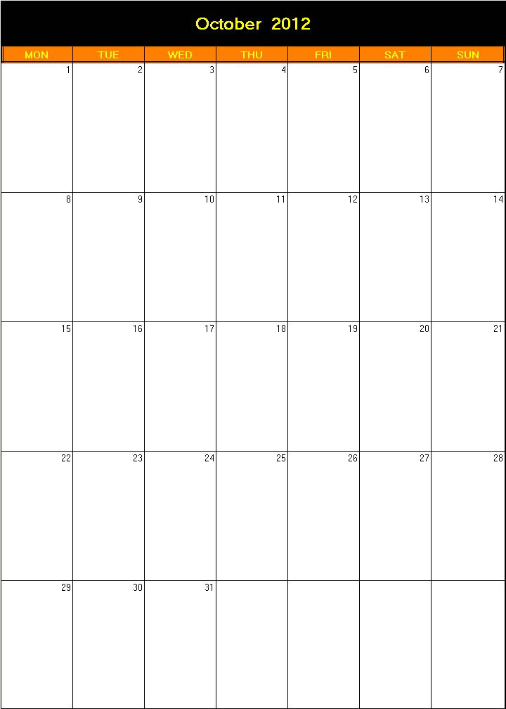 printable blank calendar image for Halloween 2012