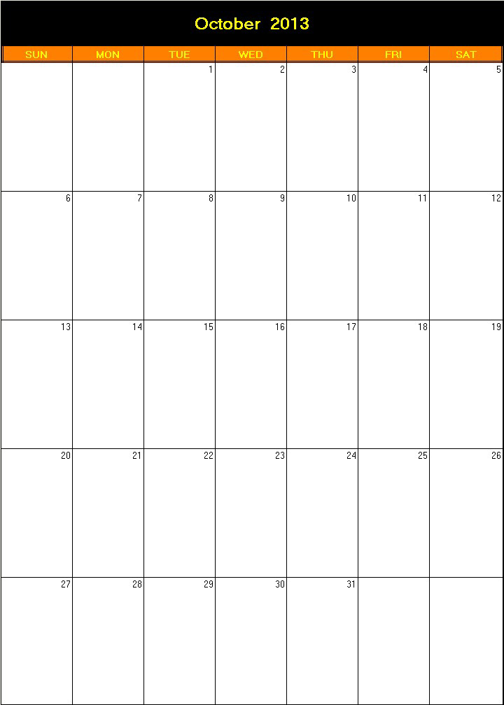 printable blank calendar image for Halloween 2013