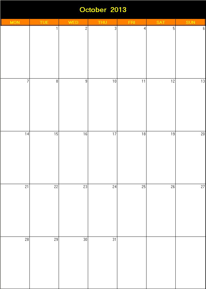 printable blank calendar image for Halloween 2013