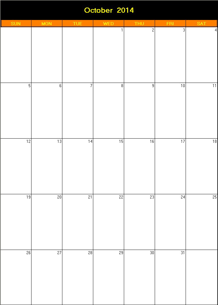 printable blank calendar image for Halloween 2014