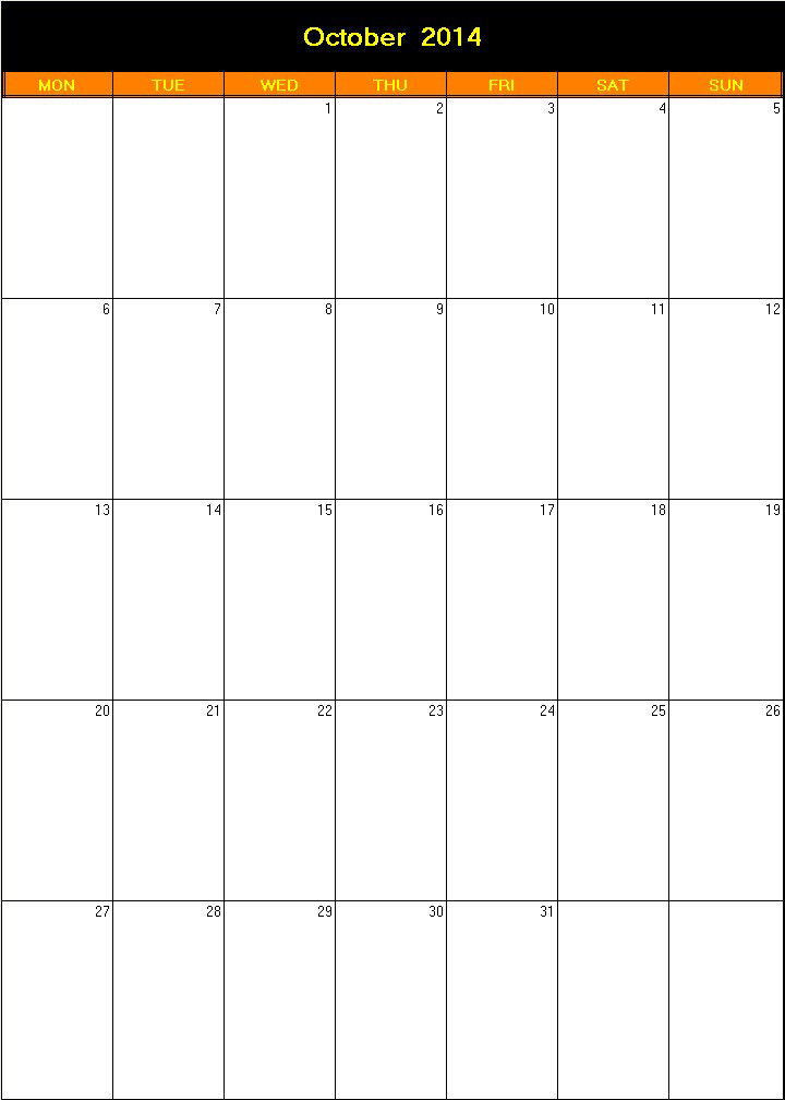 printable blank calendar image for Halloween 2014