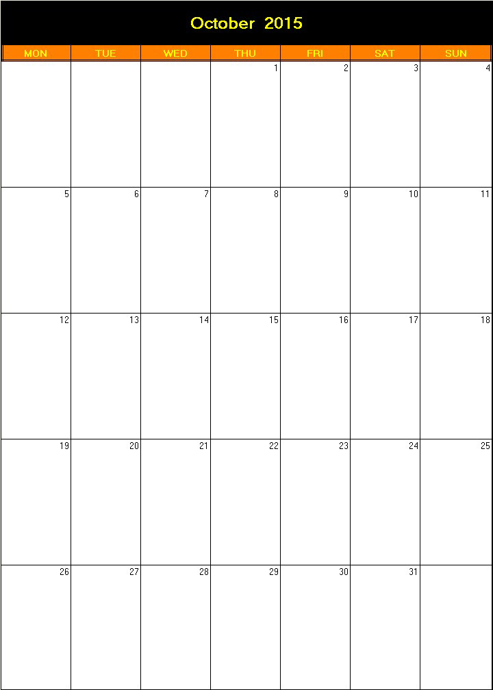 printable blank calendar image for Halloween 2015
