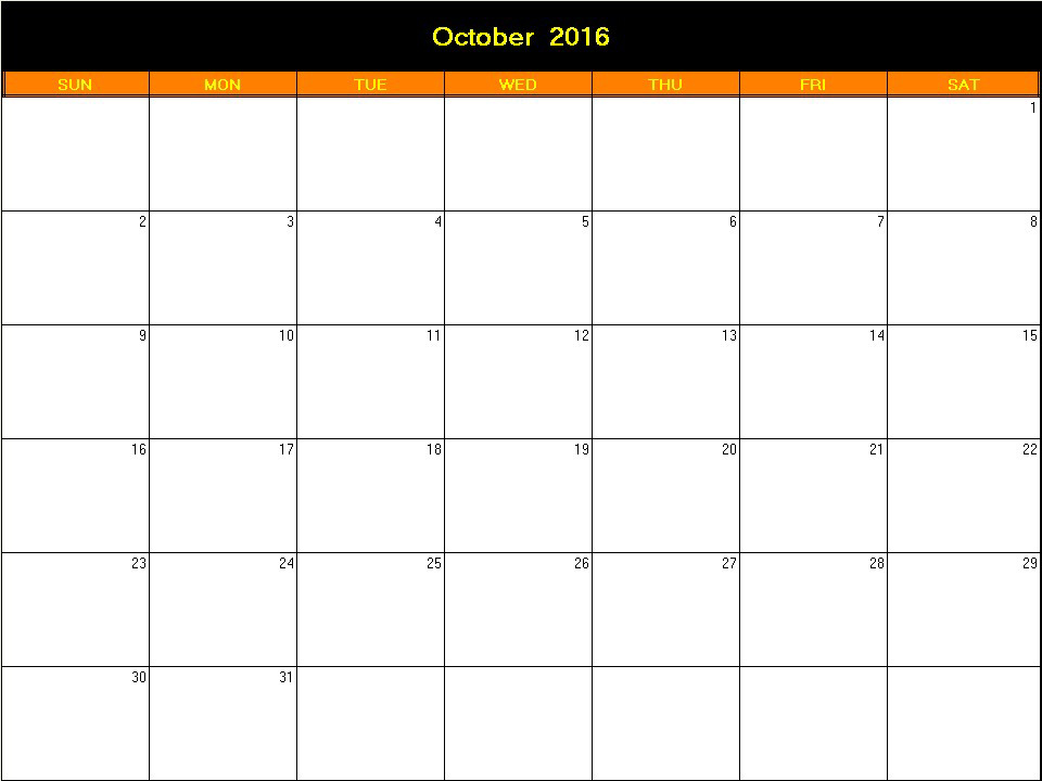 printable blank calendar image for Halloween 2016