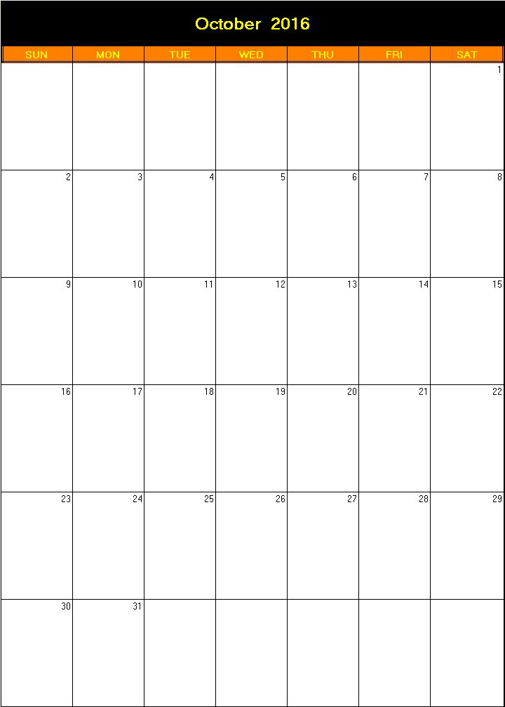 printable blank calendar image for Halloween 2016
