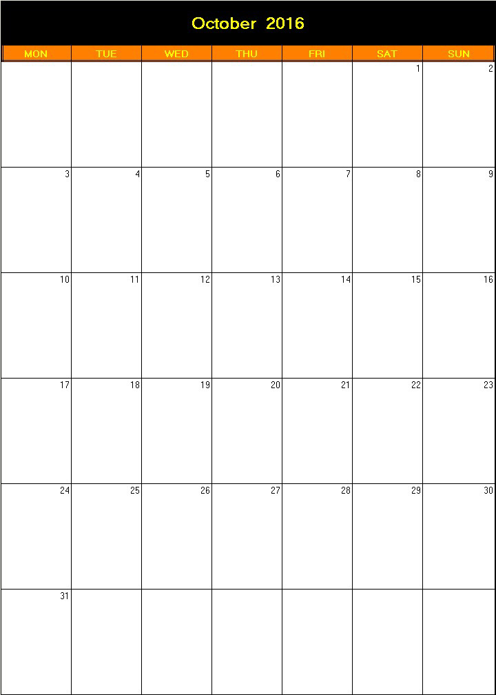 printable blank calendar image for Halloween 2016