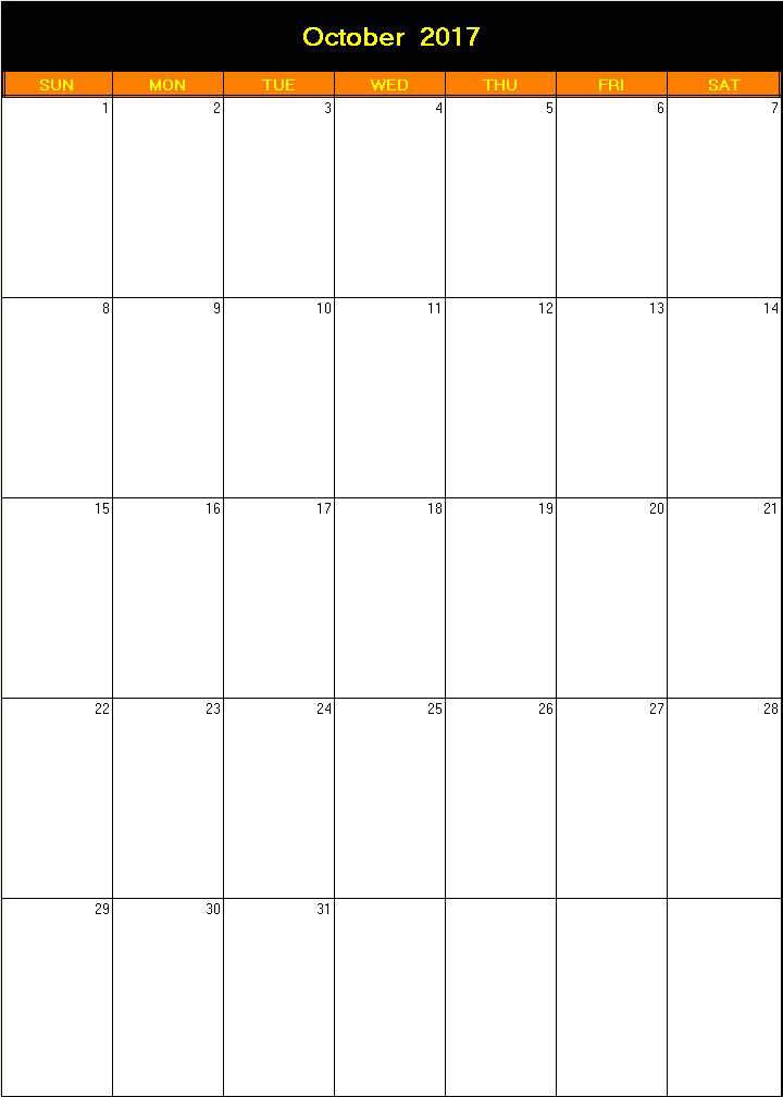 printable blank calendar image for Halloween 2017