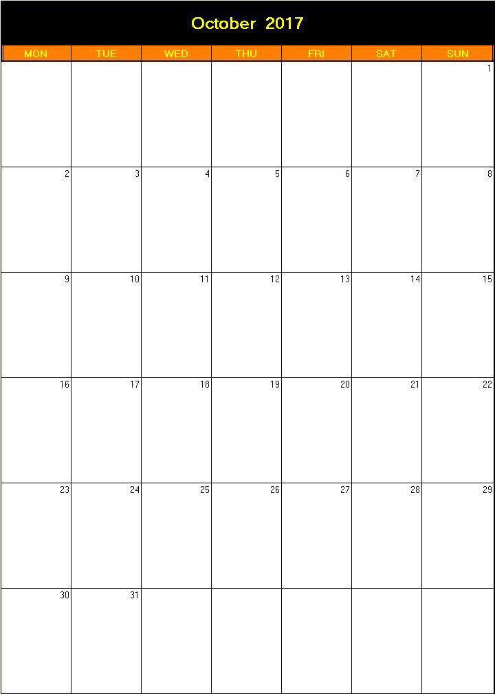 printable blank calendar image for Halloween 2017