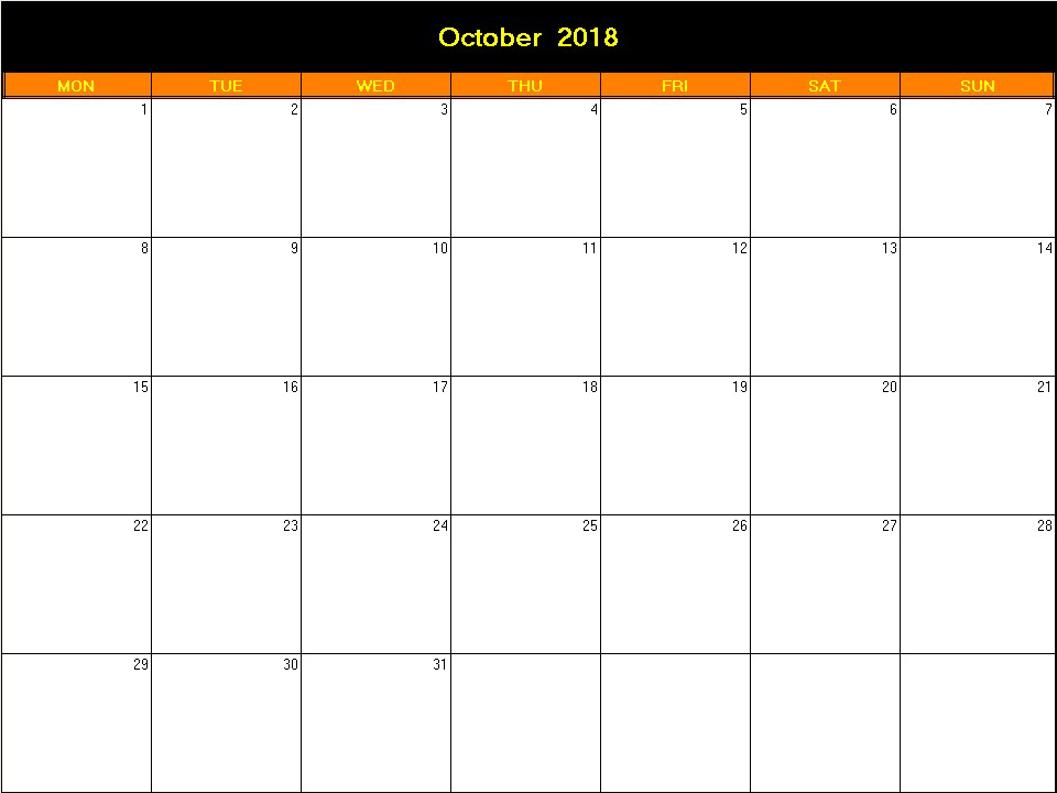 printable blank calendar image for Halloween 2018